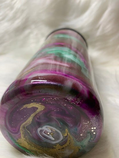 24 oz  Tapered Travel Mug.  Mica base, Alcohol inks swirled with glow