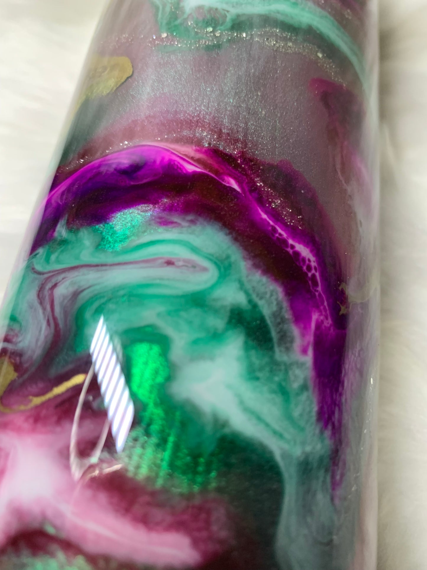 24 oz  Tapered Travel Mug.  Mica base, Alcohol inks swirled with glow