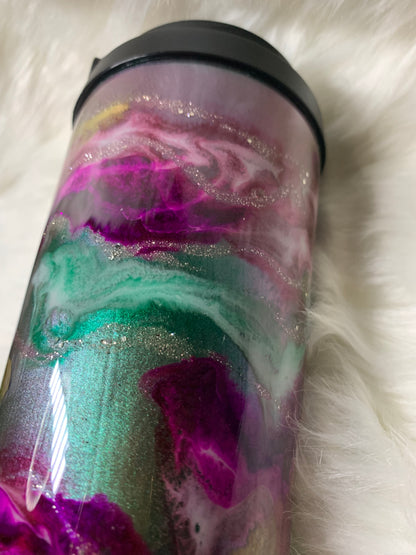 24 oz  Tapered Travel Mug.  Mica base, Alcohol inks swirled with glow