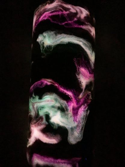 24 oz  Tapered Travel Mug.  Mica base, Alcohol inks swirled with glow