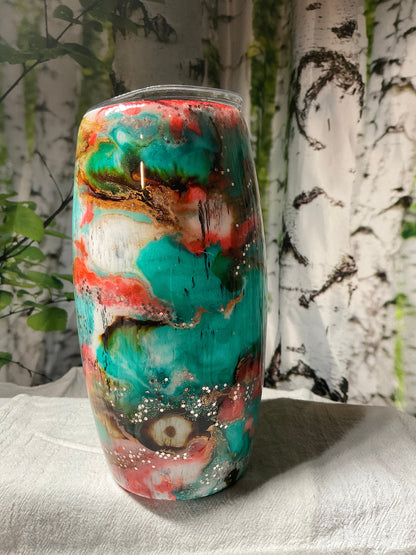 25oz Stemless Wine Tumbler Football or Egg Tumbler Western Vibes Cup Ready to Ship Alcohol ink, Epoxy, Glitter and Glows in the Dark has lid