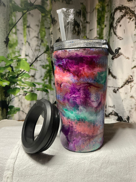 14 oz 4 in 1 Stainless Steel Tumbler/Can Bottler Cooler, Alcohol ink swirls w Glitter, Glows in Dark, ready 2 ship includes two Lids & Straw