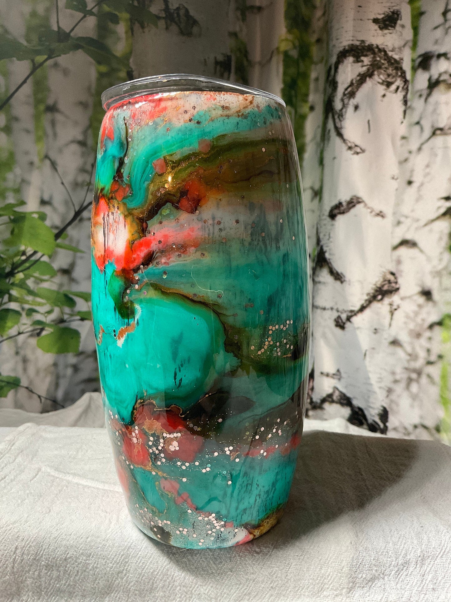 25oz Stemless Wine Tumbler Football or Egg Tumbler Western Vibes Cup Ready to Ship Alcohol ink, Epoxy, Glitter and Glows in the Dark has lid