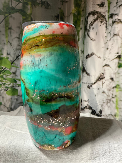 25oz Stemless Wine Tumbler Football or Egg Tumbler Western Vibes Cup Ready to Ship Alcohol ink, Epoxy, Glitter and Glows in the Dark has lid