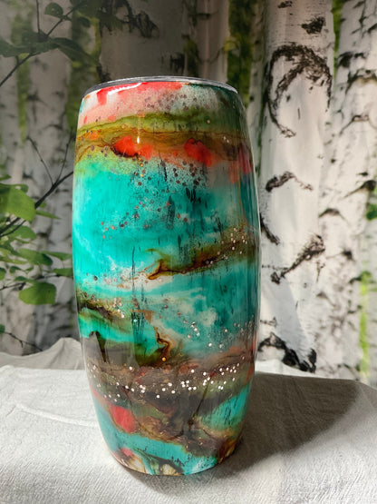 25oz Stemless Wine Tumbler Football or Egg Tumbler Western Vibes Cup Ready to Ship Alcohol ink, Epoxy, Glitter and Glows in the Dark has lid