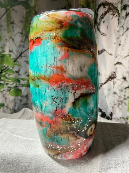 25oz Stemless Wine Tumbler Football or Egg Tumbler Western Vibes Cup Ready to Ship Alcohol ink, Epoxy, Glitter and Glows in the Dark has lid