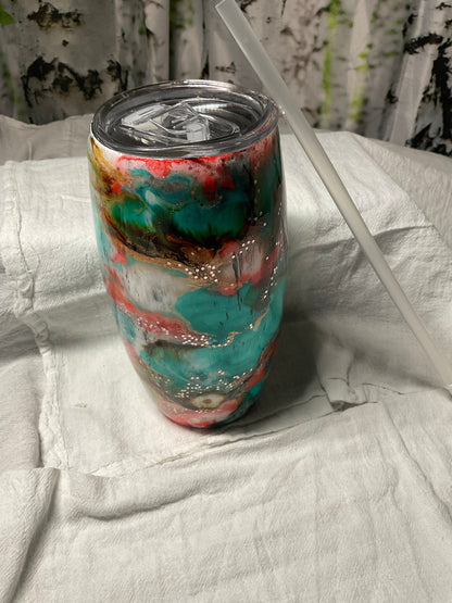 25oz Stemless Wine Tumbler Football or Egg Tumbler Western Vibes Cup Ready to Ship Alcohol ink, Epoxy, Glitter and Glows in the Dark has lid