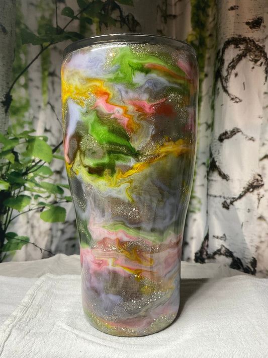 30 oz Stainless Steel travel tumbler with Pastel Alcohol inks and glitter, glows in the dark, customizable or ready to ship, lid and straw