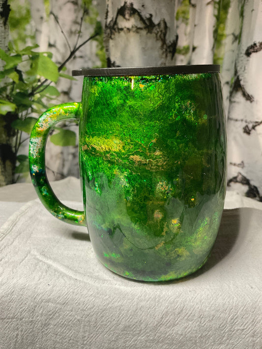 14 oz Stainless Steel Travel Coffee Mug, lockable lid, green and gold alcohol inks w glitter base epoxy sealed, customizable ready to ship