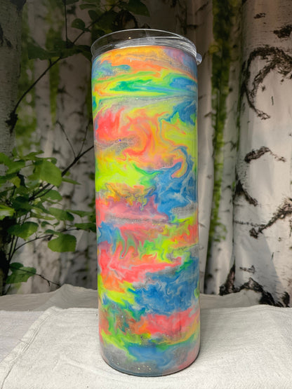 20 oz skinny tumbler Stainless Steel, Neon ink swirls, glows in the dark, includes lid and straw, ready to ship, Custom Cup, Personalize cup