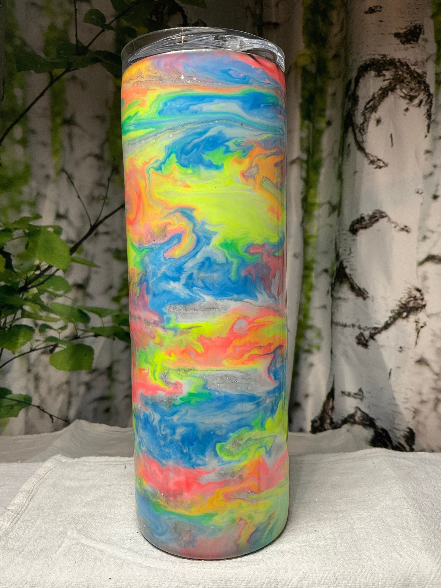 20 oz skinny tumbler Stainless Steel, Neon ink swirls, glows in the dark, includes lid and straw, ready to ship, Custom Cup, Personalize cup