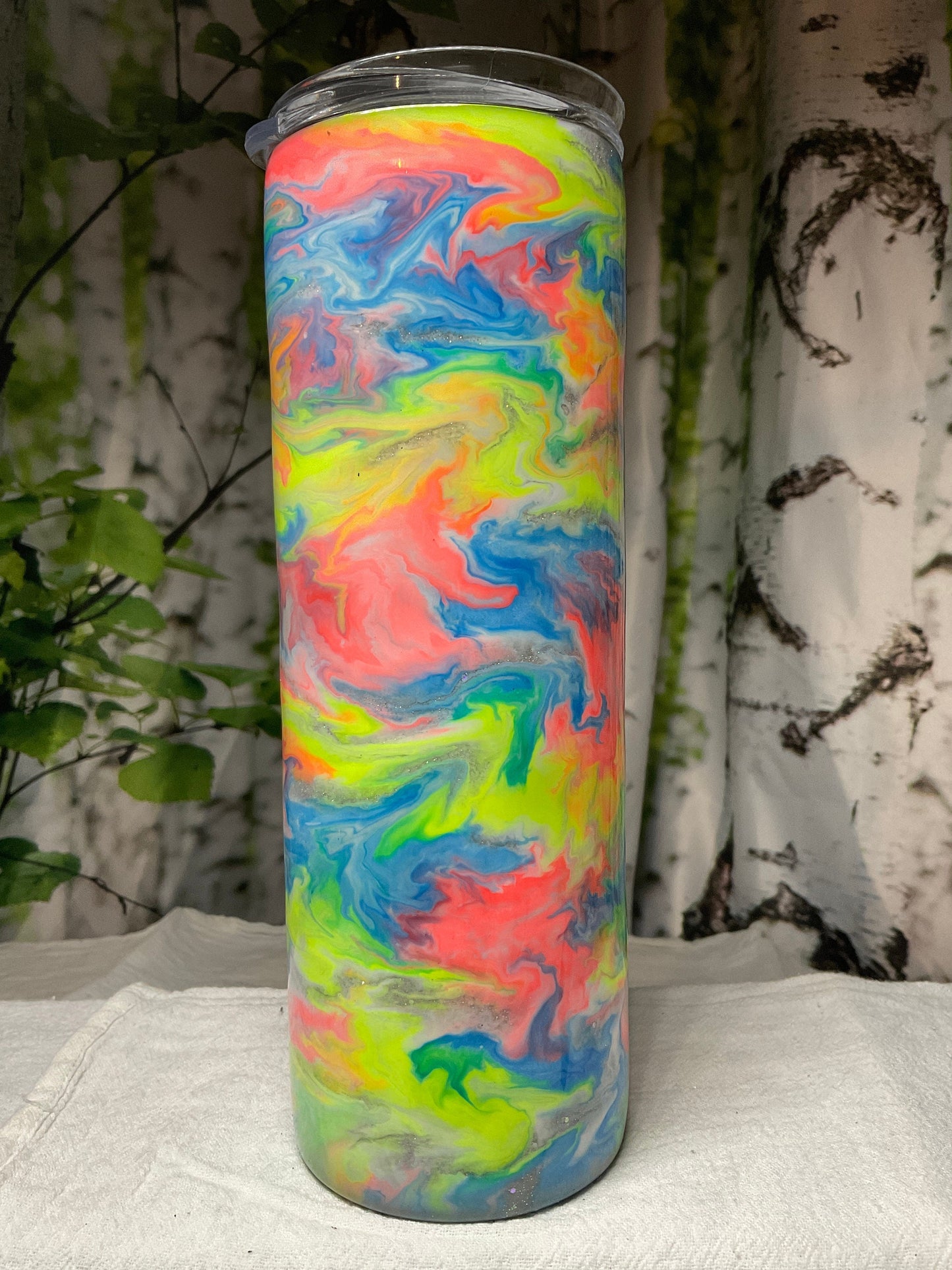 20 oz skinny tumbler Stainless Steel, Neon ink swirls, glows in the dark, includes lid and straw, ready to ship, Custom Cup, Personalize cup