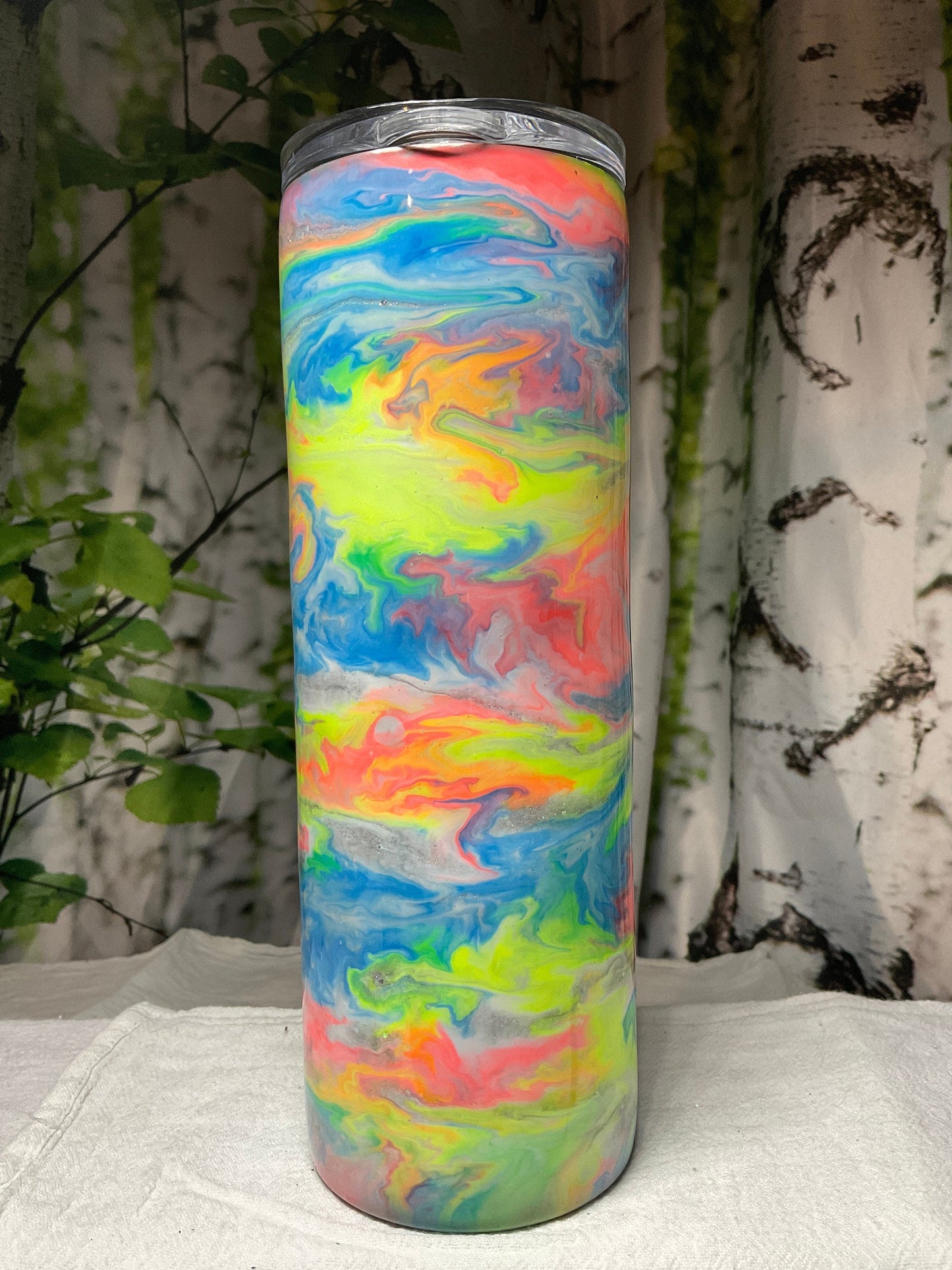 20 oz skinny tumbler Stainless Steel, Neon ink swirls, glows in the dark, includes lid and straw, ready to ship, Custom Cup, Personalize cup