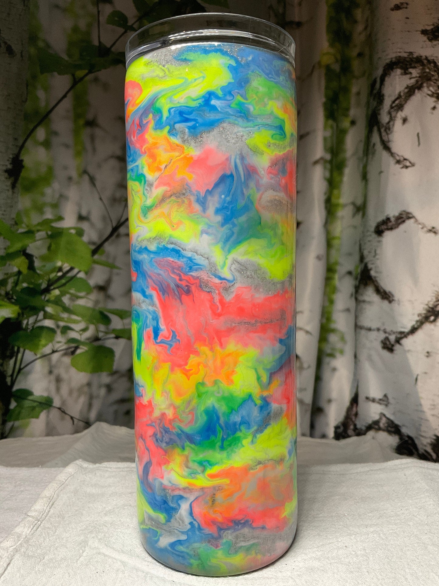 20 oz skinny tumbler Stainless Steel, Neon ink swirls, glows in the dark, includes lid and straw, ready to ship, Custom Cup, Personalize cup