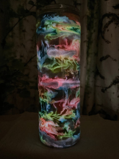 20 oz skinny tumbler Stainless Steel, Neon ink swirls, glows in the dark, includes lid and straw, ready to ship, Custom Cup, Personalize cup