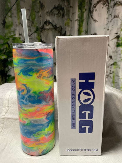 20 oz skinny tumbler Stainless Steel, Neon ink swirls, glows in the dark, includes lid and straw, ready to ship, Custom Cup, Personalize cup