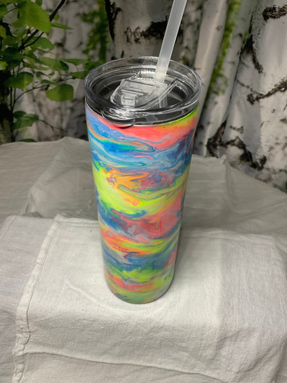 20 oz skinny tumbler Stainless Steel, Neon ink swirls, glows in the dark, includes lid and straw, ready to ship, Custom Cup, Personalize cup